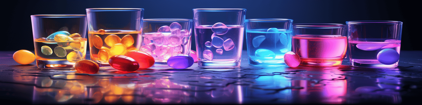 image of drug pills surrounding a glass of water symbolizing drug consumption