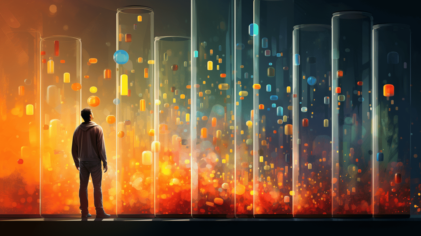 abstract image of a researcher studying a bottle of drug.