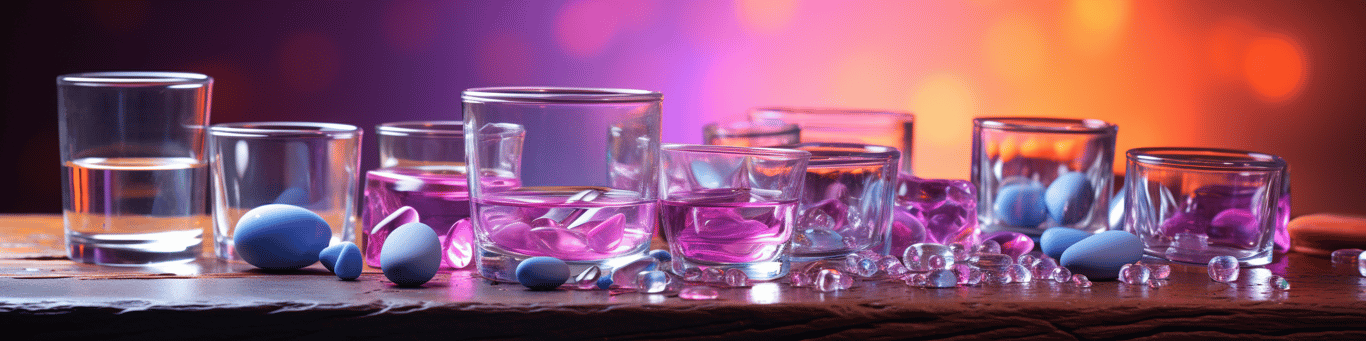 image of drug pills surrounding a glass of water symbolizing drug consumption