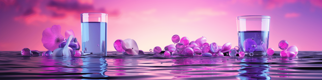 image of drug pills surrounding a glass of water symbolizing drug consumption