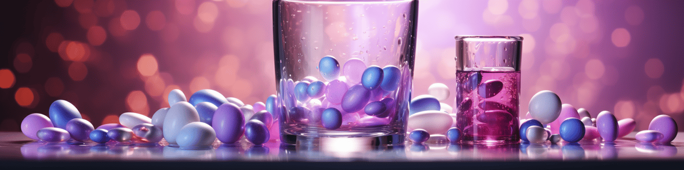 image of drug pills surrounding a glass of water symbolizing drug consumption