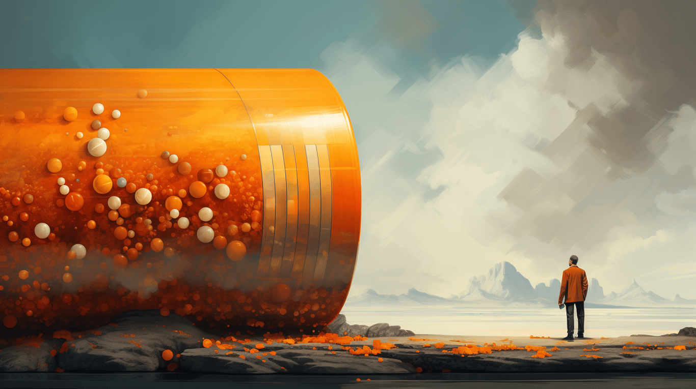 abstract image of a researcher studying a bottle of drug.