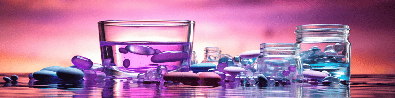 image of drug pills surrounding a glass of water symbolizing drug consumption