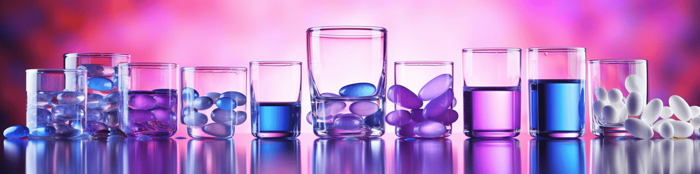 image of drug pills surrounding a glass of water symbolizing drug consumption