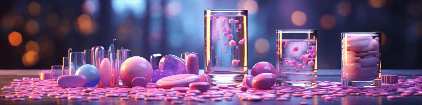 image of drug pills surrounding a glass of water symbolizing drug consumption