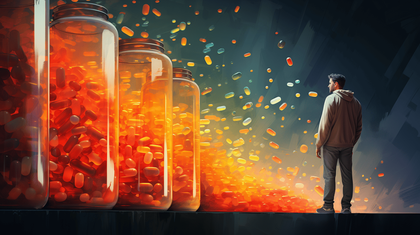 abstract image of a researcher studying a bottle of drug.