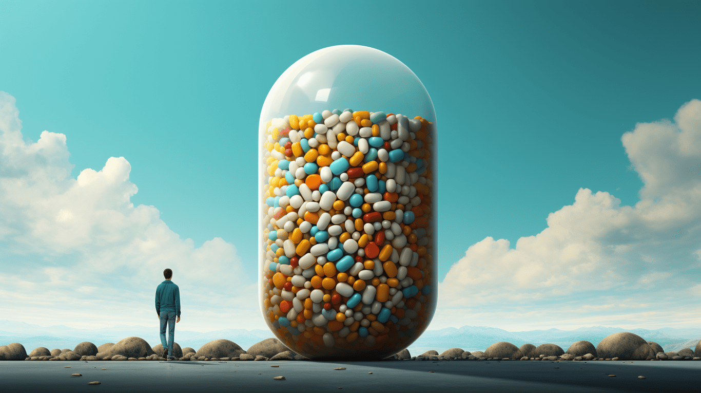 abstract image of a researcher studying a bottle of drug.