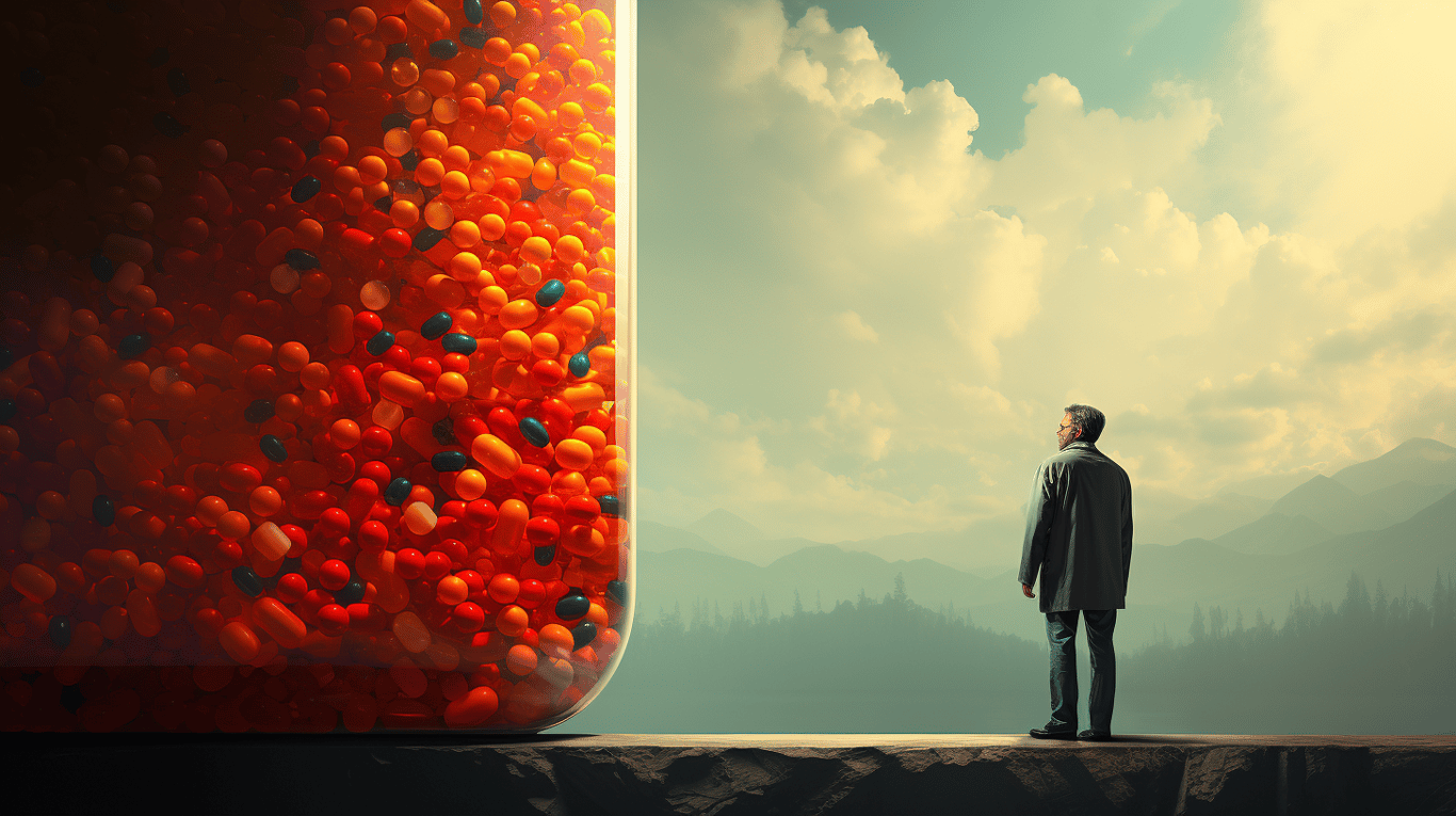 abstract image of a researcher studying a bottle of drug.