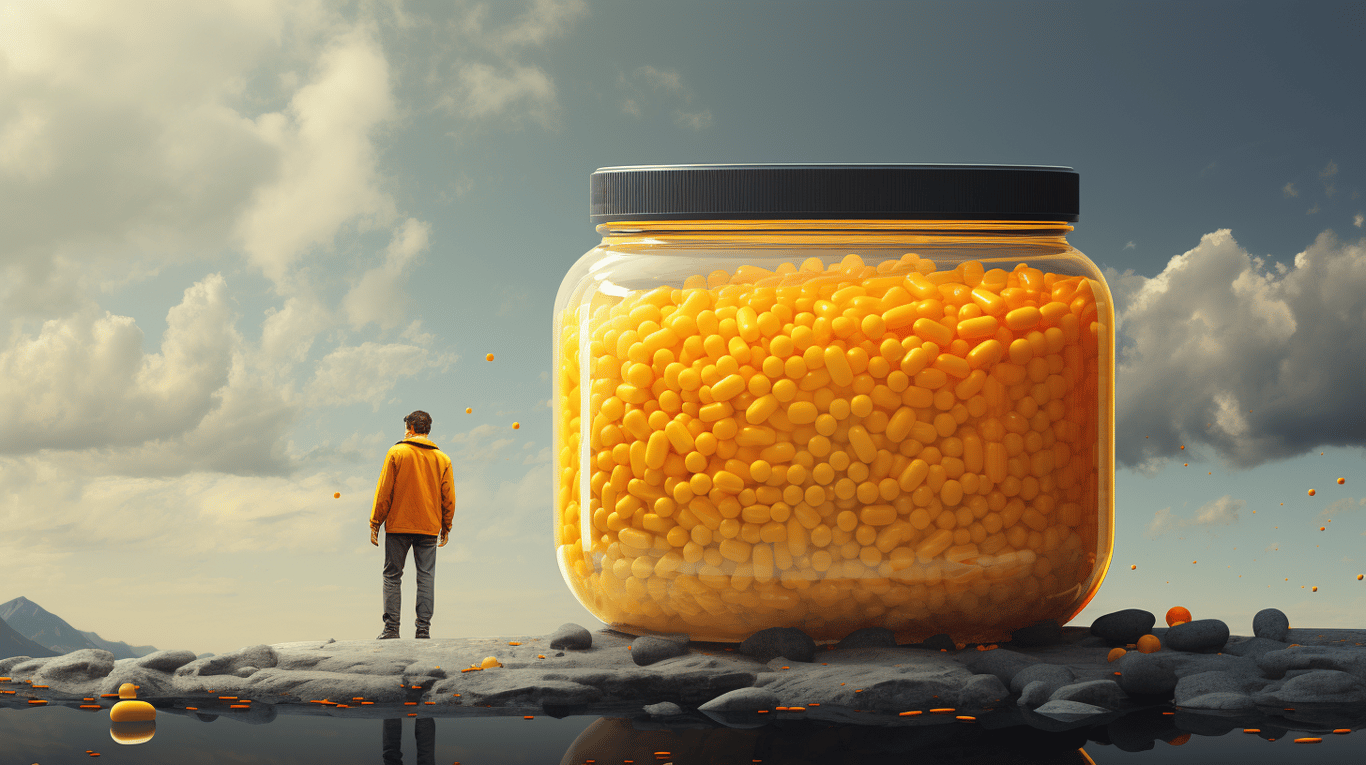 abstract image of a researcher studying a bottle of drug.