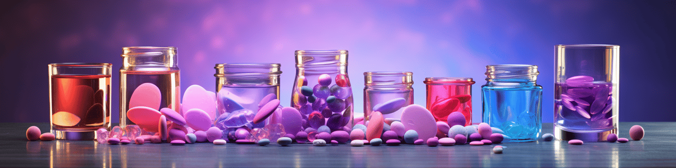 image of drug pills surrounding a glass of water symbolizing drug consumption
