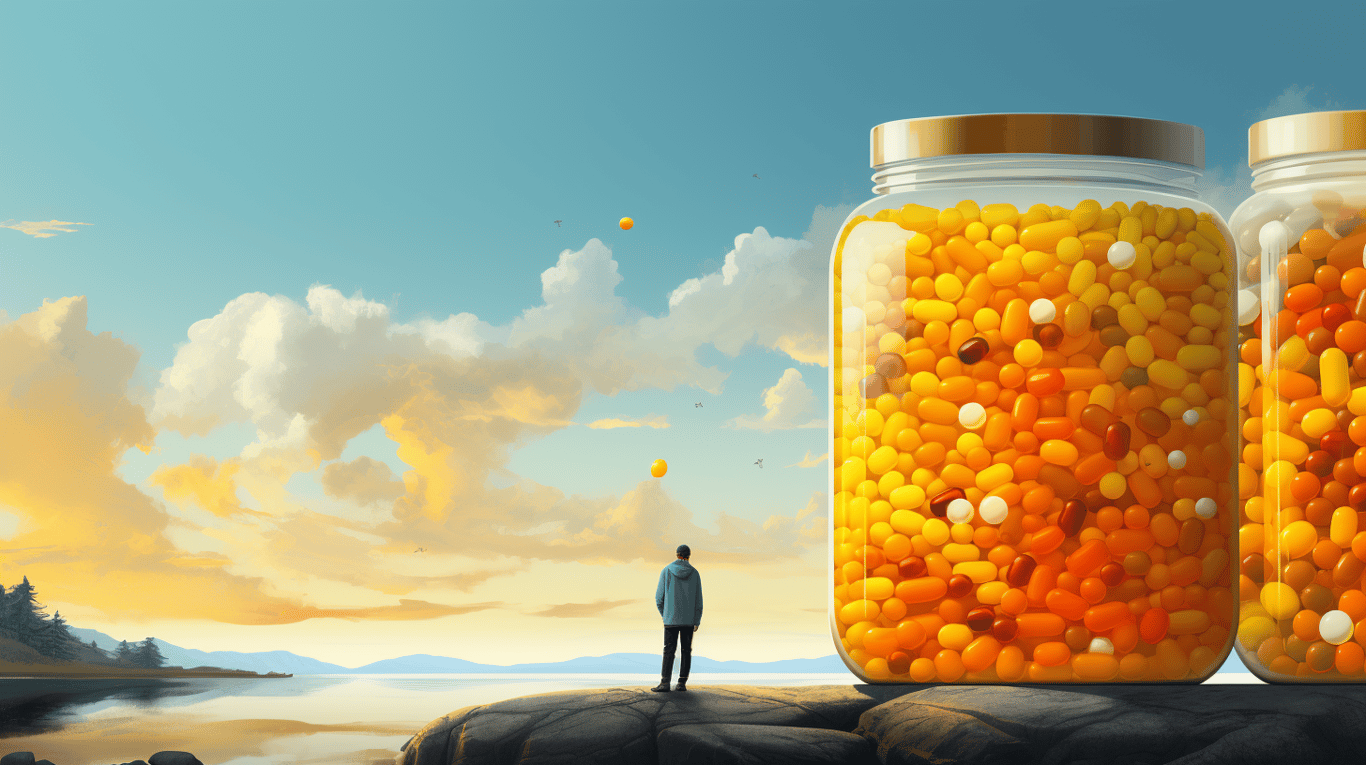 abstract image of a researcher studying a bottle of drug.