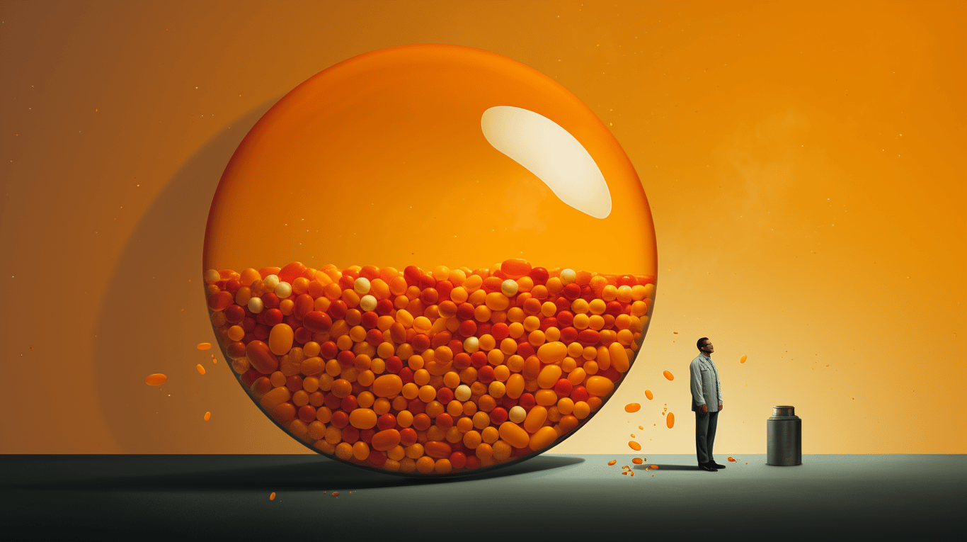 abstract image of a researcher studying a bottle of drug.