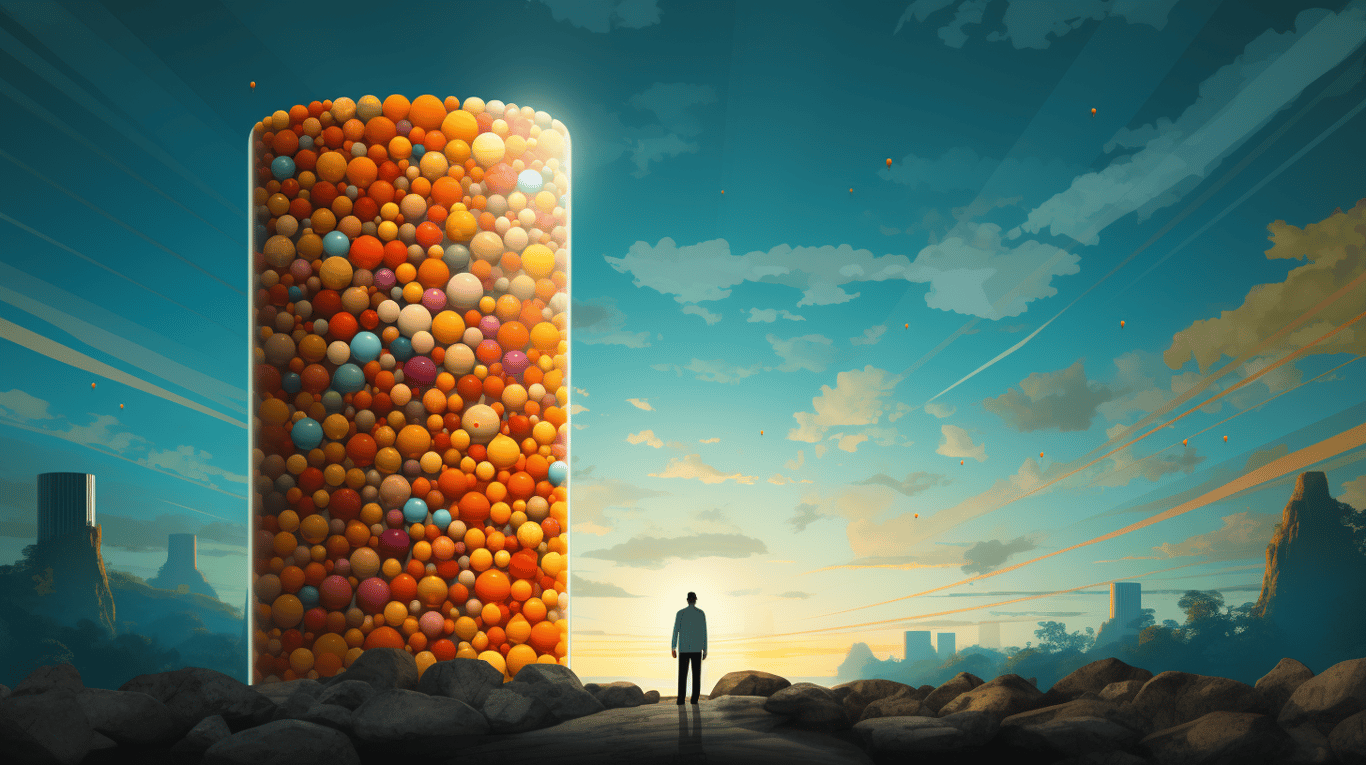 abstract image of a researcher studying a bottle of drug.