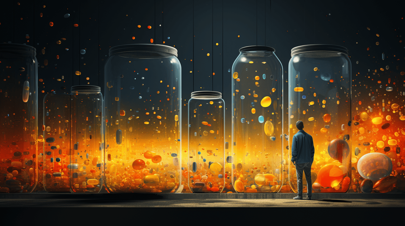 abstract image of a researcher studying a bottle of drug.