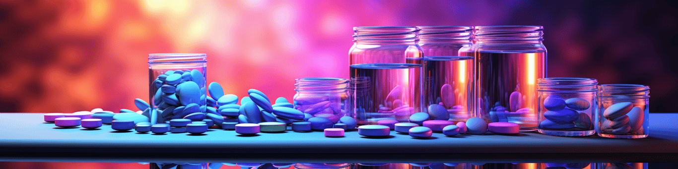 image of drug pills surrounding a glass of water symbolizing drug consumption