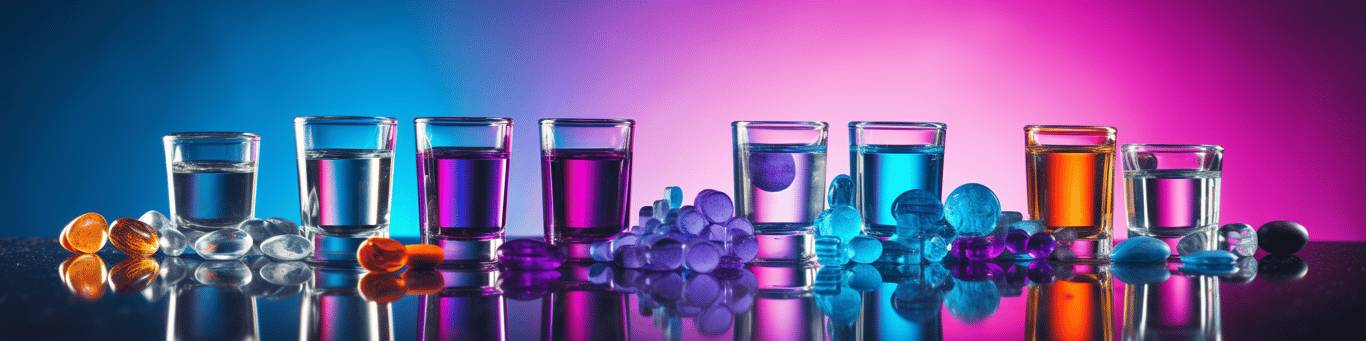 image of drug pills surrounding a glass of water symbolizing drug consumption