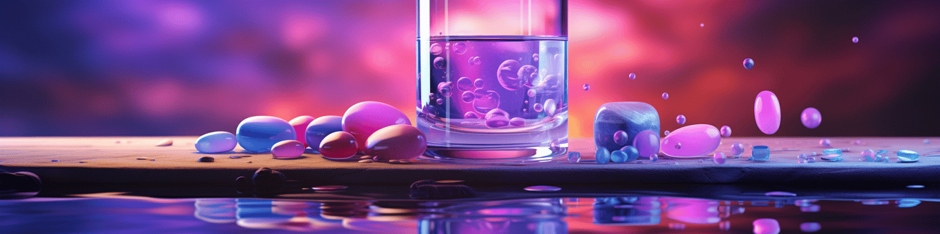 image of drug pills surrounding a glass of water symbolizing drug consumption