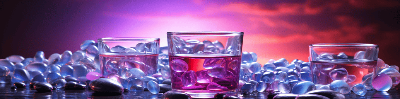 image of drug pills surrounding a glass of water symbolizing drug consumption