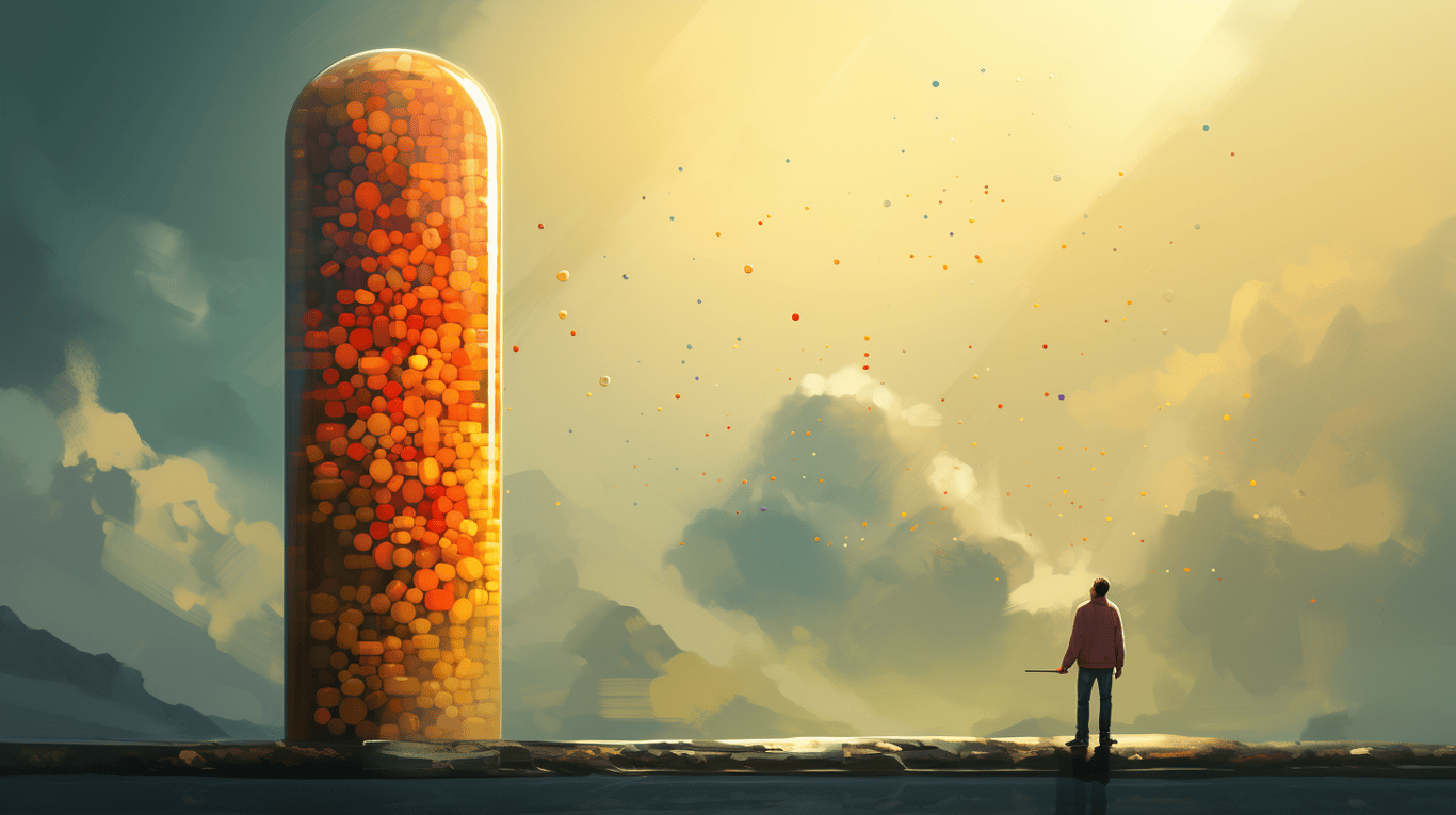 abstract image of a researcher studying a bottle of drug.