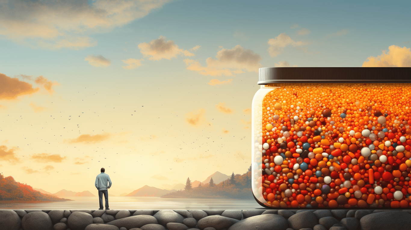 abstract image of a researcher studying a bottle of drug.