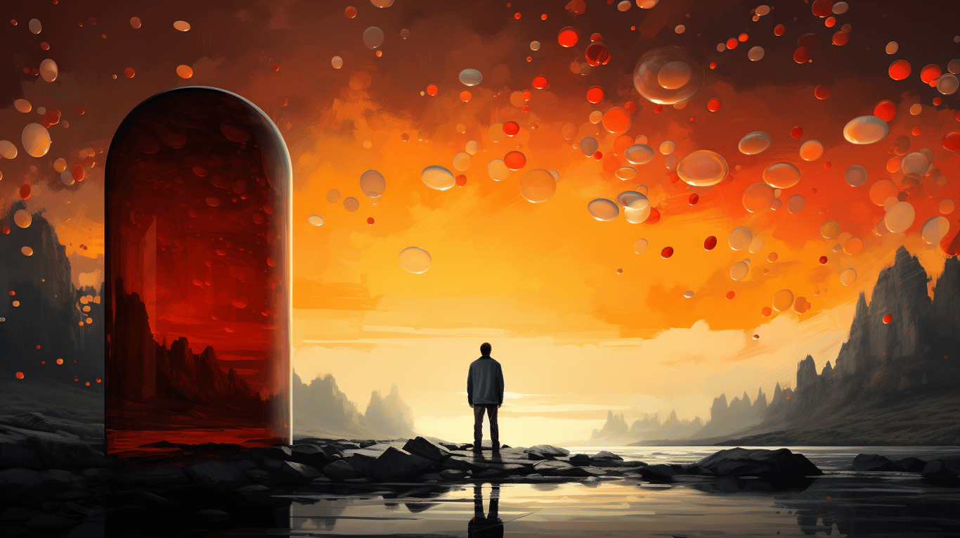 abstract image of a researcher studying a bottle of drug.