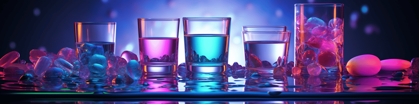 image of drug pills surrounding a glass of water symbolizing drug consumption