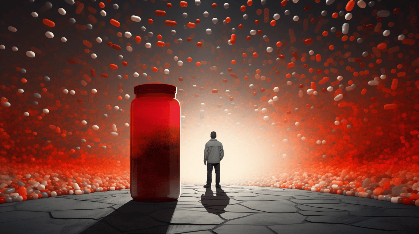 abstract image of a researcher studying a bottle of drug.