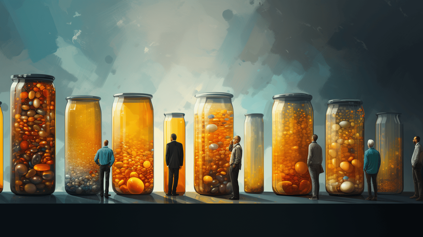 abstract image of a researcher studying a bottle of drug.