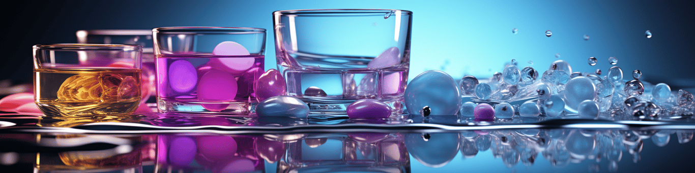 image of drug pills surrounding a glass of water symbolizing drug consumption
