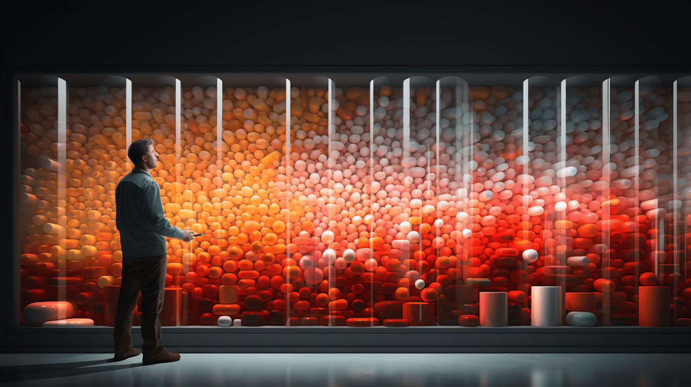 abstract image of a researcher studying a bottle of drug.