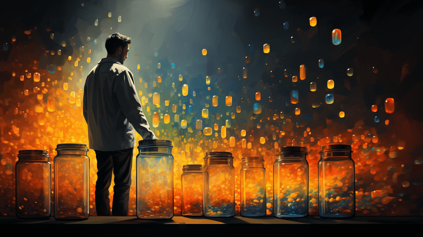 abstract image of a researcher studying a bottle of drug.