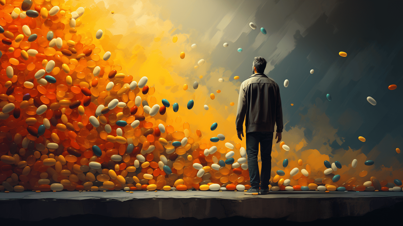 abstract image of a researcher studying a bottle of drug.