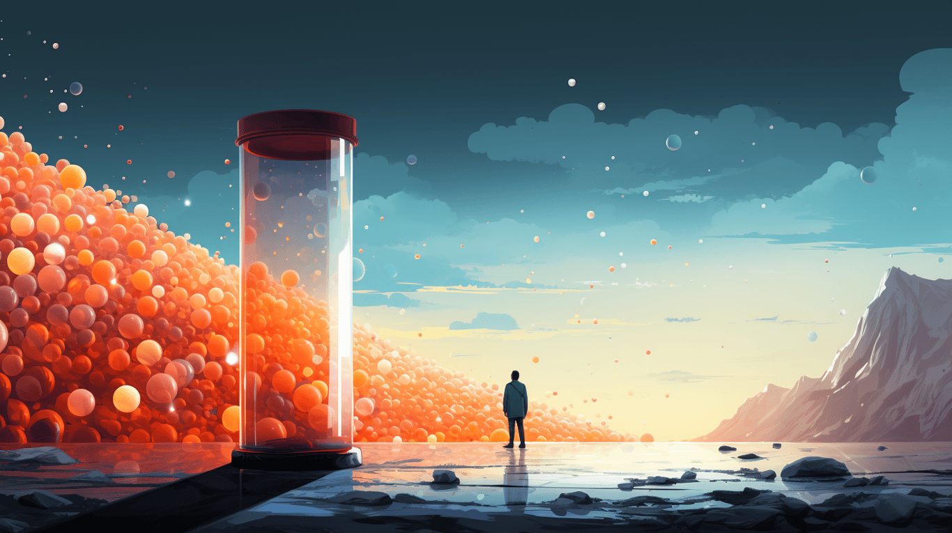 abstract image of a researcher studying a bottle of drug.