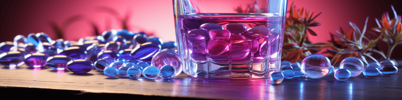 image of drug pills surrounding a glass of water symbolizing drug consumption