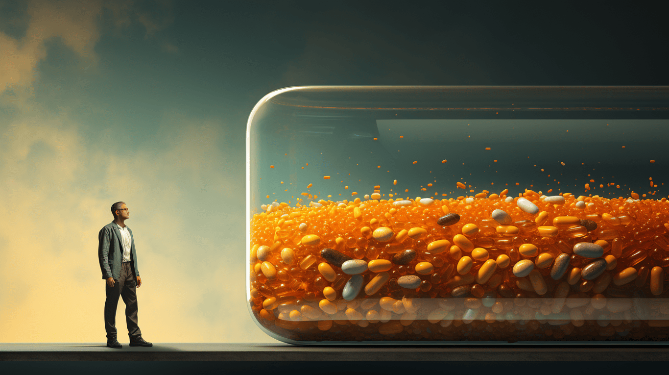 abstract image of a researcher studying a bottle of drug.