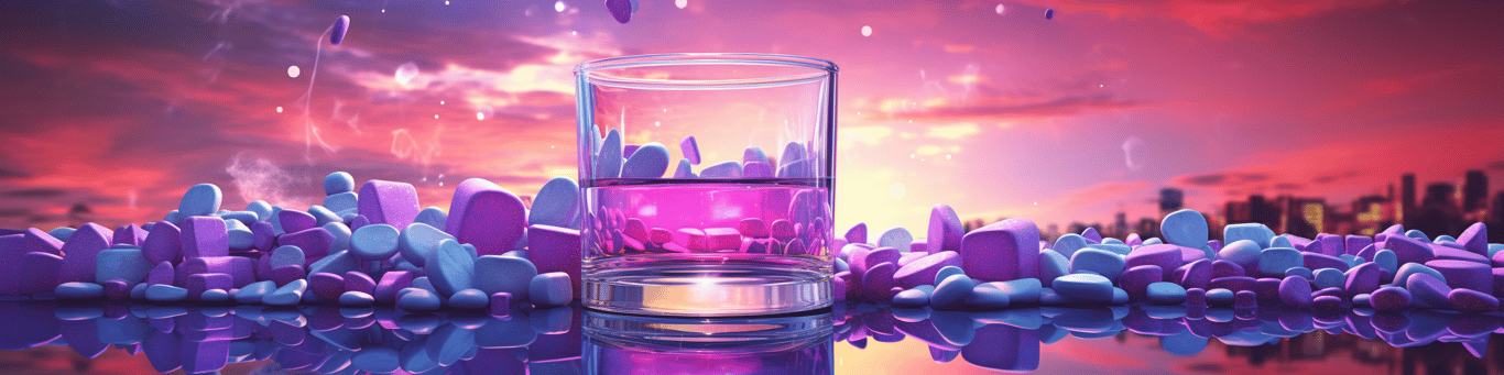 image of drug pills surrounding a glass of water symbolizing drug consumption