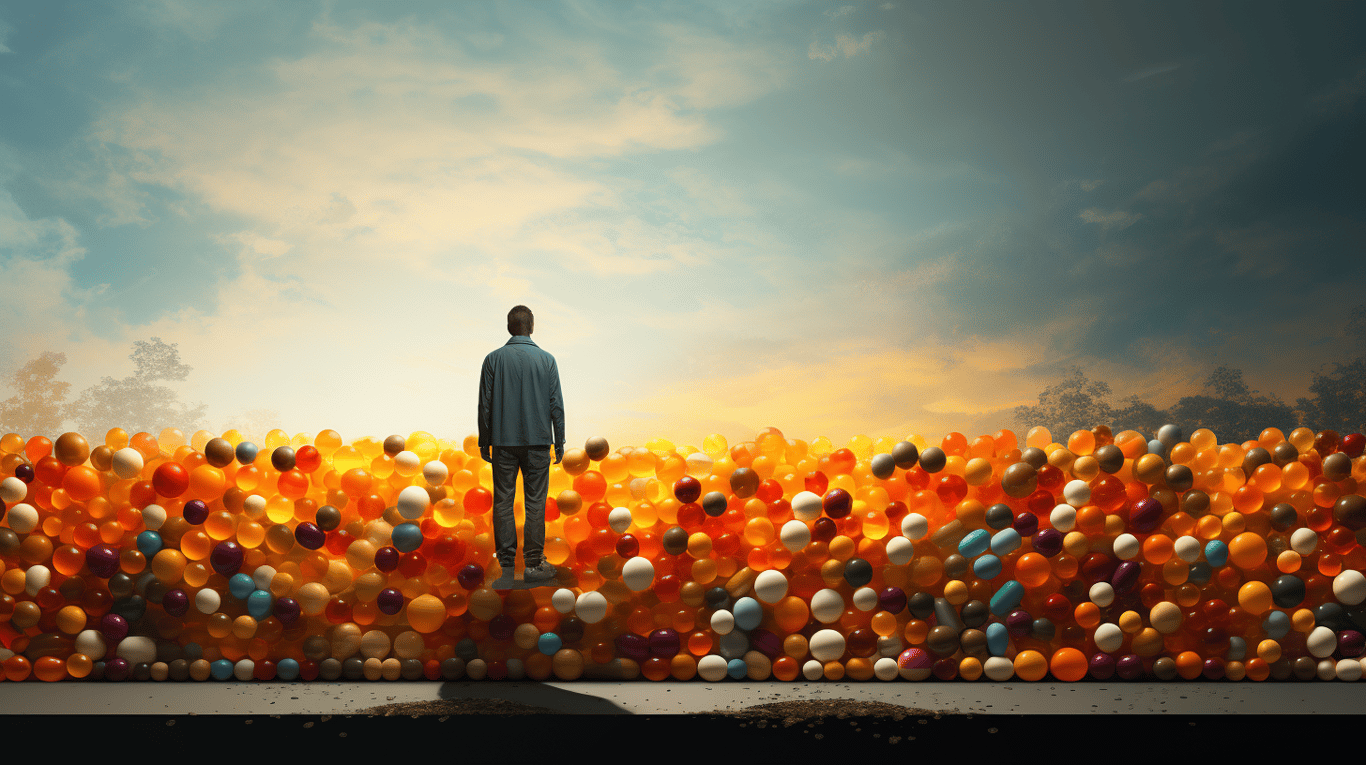 abstract image of a researcher studying a bottle of drug.