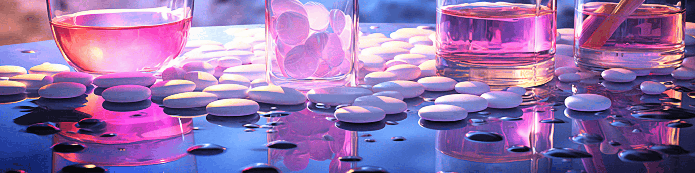 image of drug pills surrounding a glass of water symbolizing drug consumption