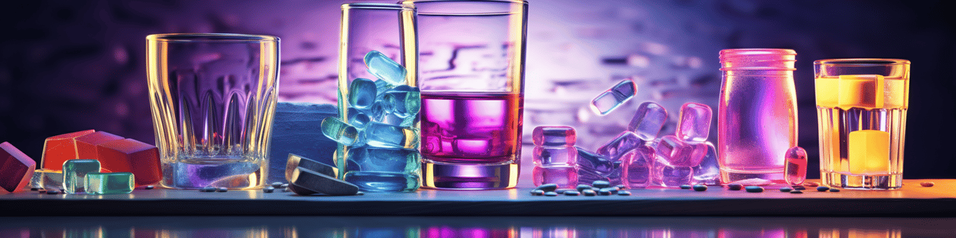 image of drug pills surrounding a glass of water symbolizing drug consumption