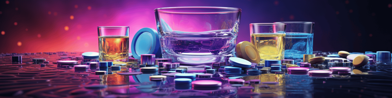 image of drug pills surrounding a glass of water symbolizing drug consumption