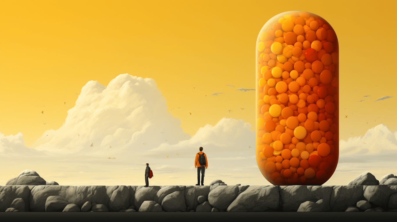 abstract image of a researcher studying a bottle of drug.