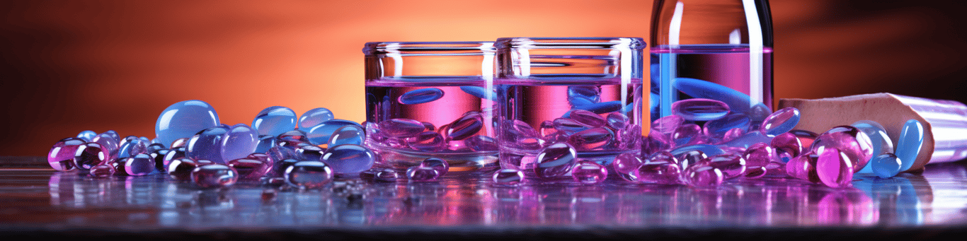 image of drug pills surrounding a glass of water symbolizing drug consumption