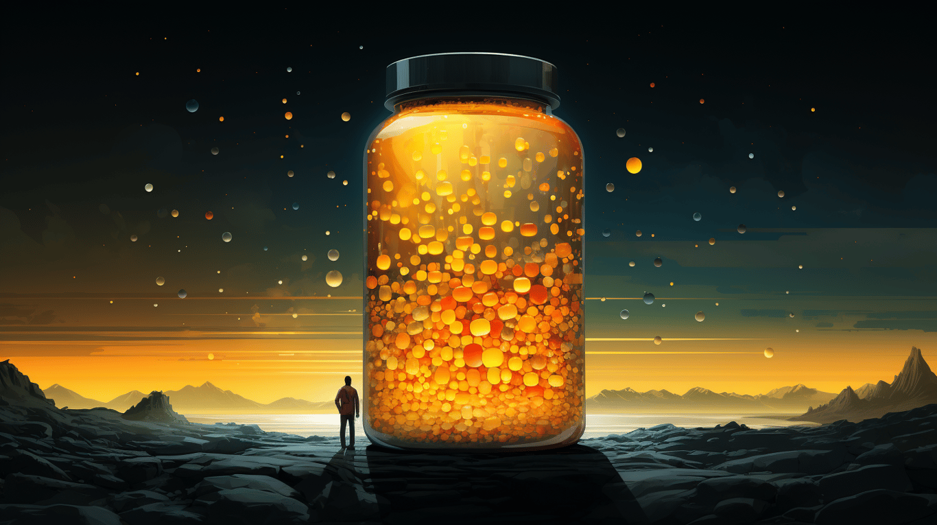 abstract image of a researcher studying a bottle of drug.