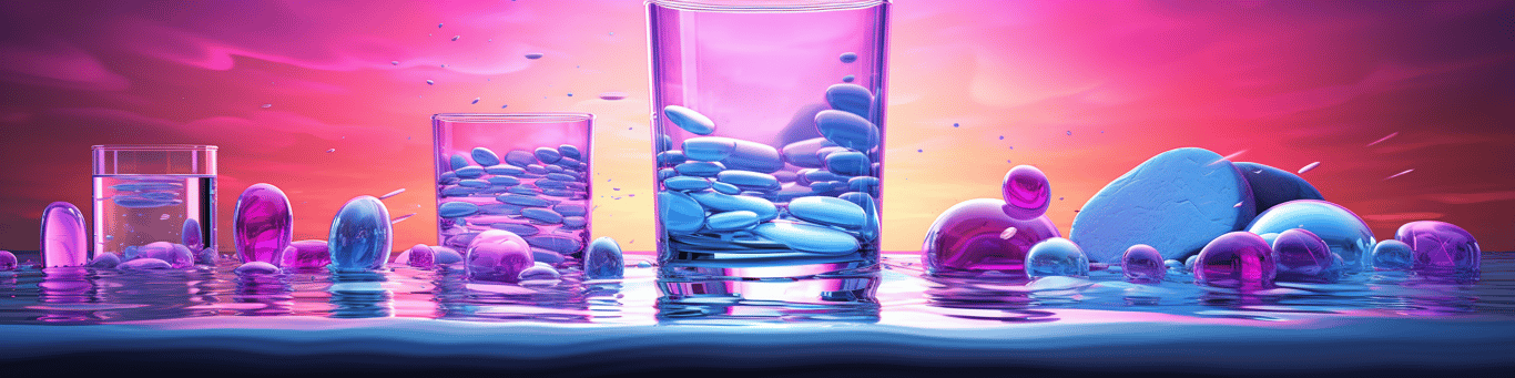 image of drug pills surrounding a glass of water symbolizing drug consumption
