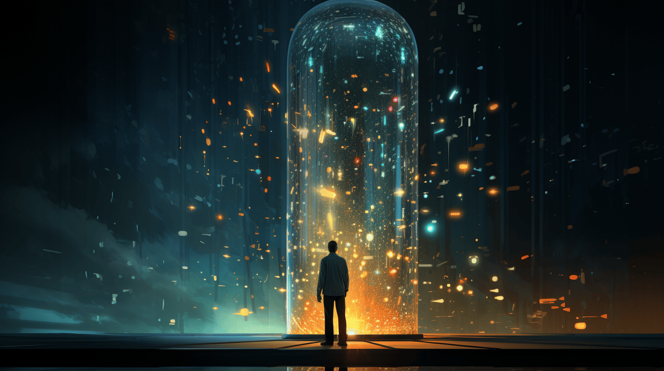 abstract image of a researcher studying a bottle of drug.