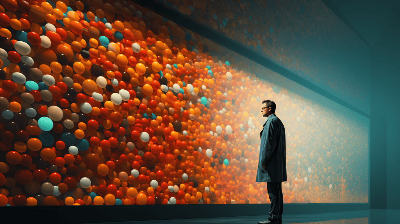 abstract image of a researcher studying a bottle of drug.