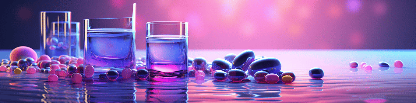 image of drug pills surrounding a glass of water symbolizing drug consumption