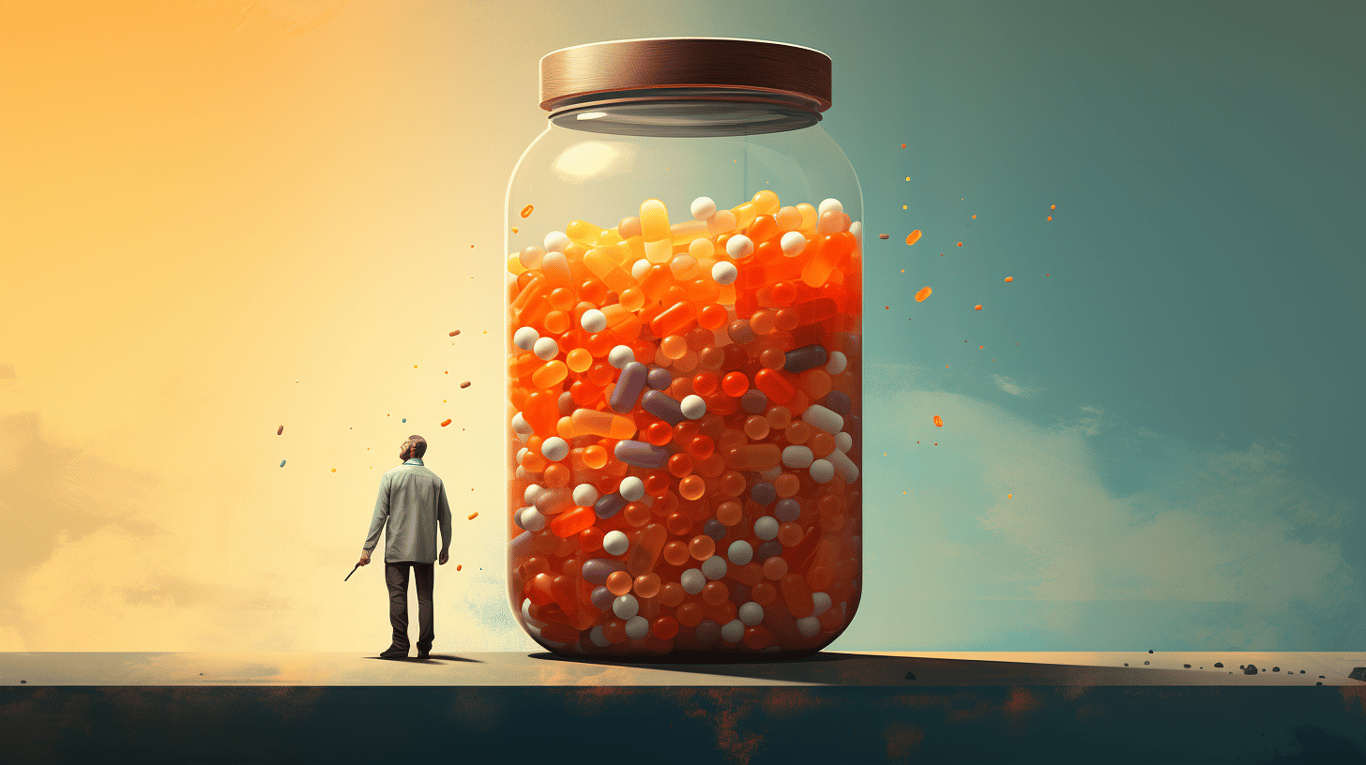 abstract image of a researcher studying a bottle of drug.