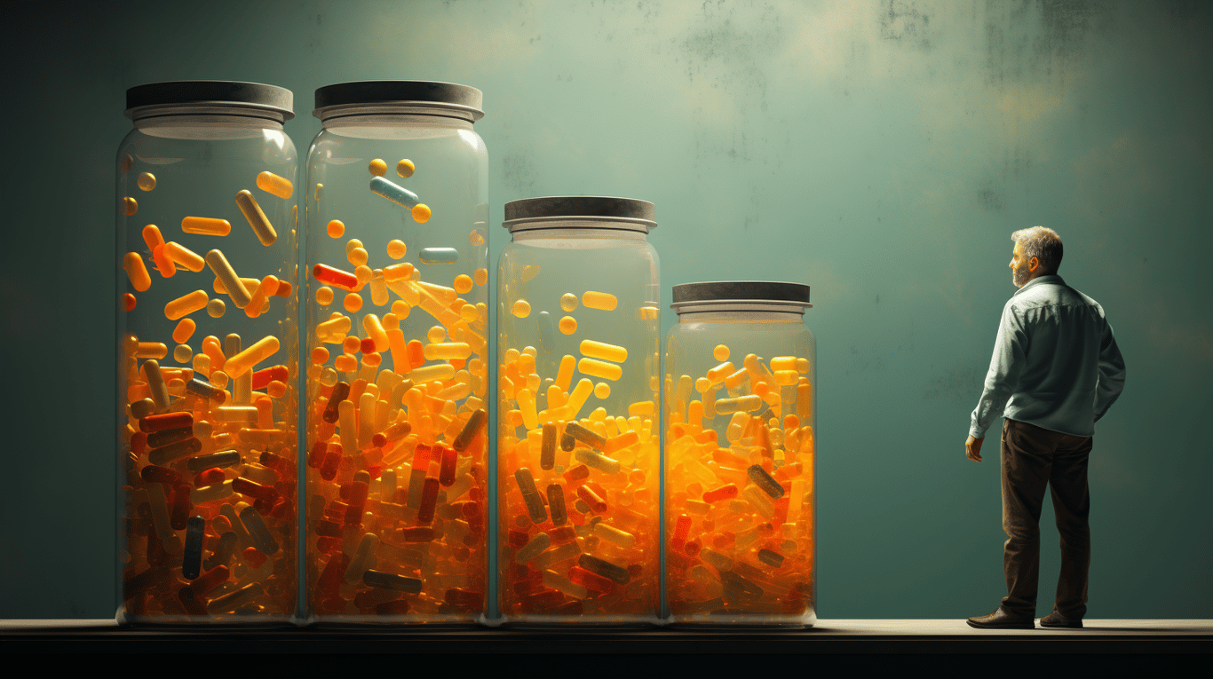 abstract image of a researcher studying a bottle of drug.