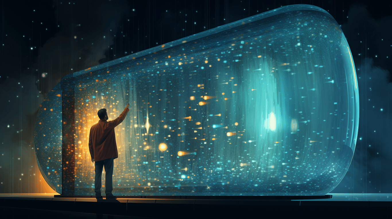 abstract image of a researcher studying a bottle of drug.